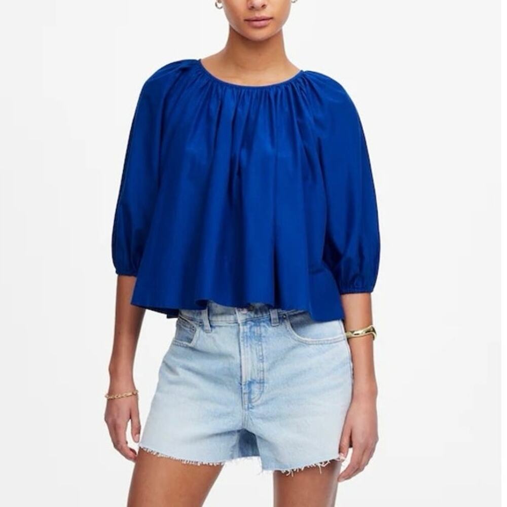 NWT Madewell Shirred Puff-Sleeve Top In Cotton-Silk Voile Bright Sapphire XXS